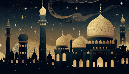 illustration of a mosque, stars, and an Eid Mubarak greeting, representing the celebration of faith during Ramadan and Eidの素材