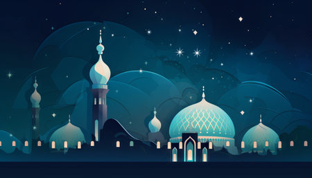illustration of a mosque, stars, and an Eid Mubarak greeting, representing the celebration of faith during Ramadan and Eidの素材