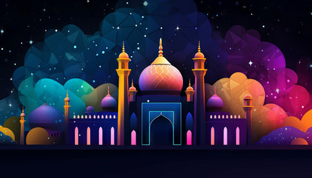 illustration of a mosque, stars, and an Eid Mubarak greeting, representing the celebration of faith during Ramadan and Eidの素材