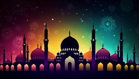 illustration of a mosque, stars, and an Eid Mubarak greeting, representing the celebration of faith during Ramadan and Eidの素材