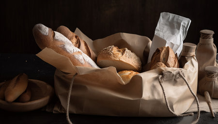 Paper bag with bread and basket of pastryの素材