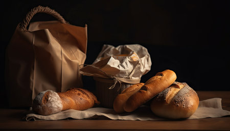 Paper bag with bread and basket of pastryの素材