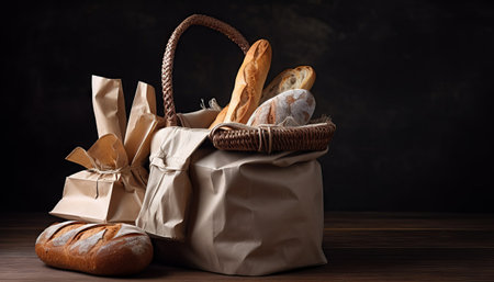 Paper bag with bread and basket of pastryの素材