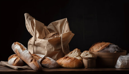 Paper bag with bread and basket of pastryの素材