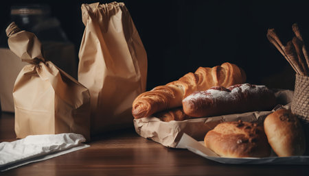 Paper bag with bread and basket of pastryの素材