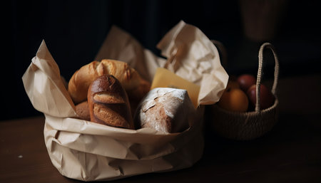 Paper bag with bread and basket of pastryの素材