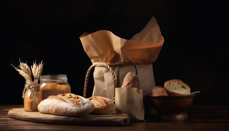 Paper bag with bread and basket of pastryの素材