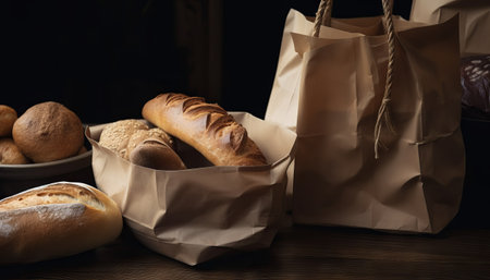 Paper bag with bread and basket of pastryの素材