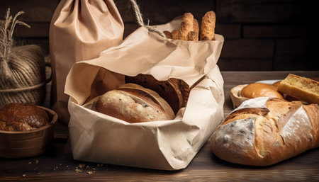 Paper bag with bread and basket of pastryの素材