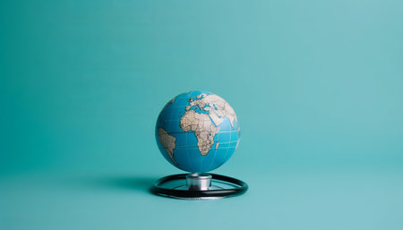 Stethoscope wrapped around globe on blue background. Save the wold, Global healthcare and Green Earth day conceptの素材