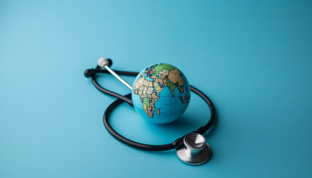 Stethoscope wrapped around globe on blue background. Save the wold, Global healthcare and Green Earth day conceptの素材