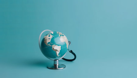 Stethoscope wrapped around globe on blue background. Save the wold, Global healthcare and Green Earth day conceptの素材