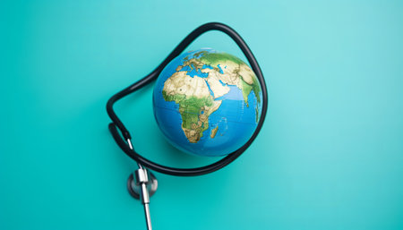 Stethoscope wrapped around globe on blue background. Save the wold, Global healthcare and Green Earth day conceptの素材