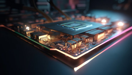 Close up view of a modern GPU card with circuit and colorful lights and details 3D renderingの素材