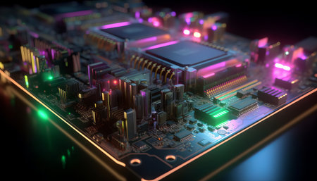 Close up view of a modern GPU card with circuit and colorful lights and details 3D renderingの素材