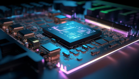 Close up view of a modern GPU card with circuit and colorful lights and details 3D renderingの素材