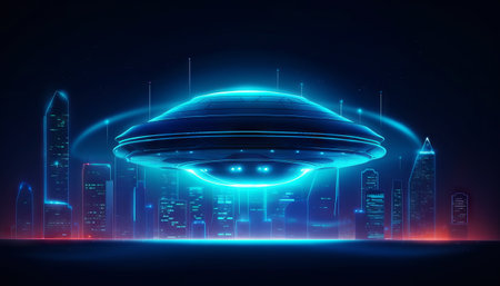 image of an illuminated UFO spaceship hovering over a dark city skyline, with a blue light portal open beneath it.の素材