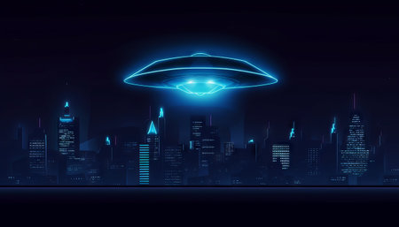 image of an illuminated UFO spaceship hovering over a dark city skyline, with a blue light portal open beneath it.の素材