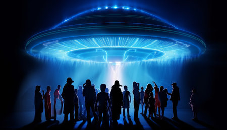 image of an illuminated UFO spaceship surrounded by a group of humans, as a blue light portal glows beneath itの素材
