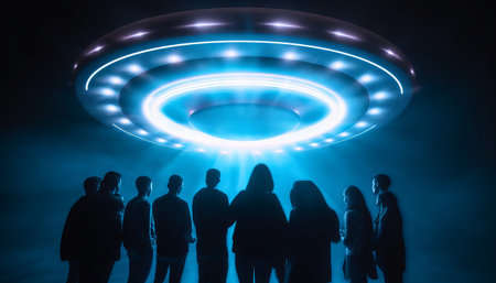 image of an illuminated UFO spaceship surrounded by a group of humans, as a blue light portal glows beneath itの素材