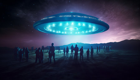 image of an illuminated UFO spaceship surrounded by a group of humans, as a blue light portal glows beneath itの素材