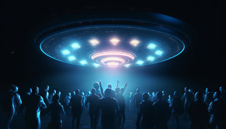 image of an illuminated UFO spaceship surrounded by a group of humans, as a blue light portal glows beneath itの素材