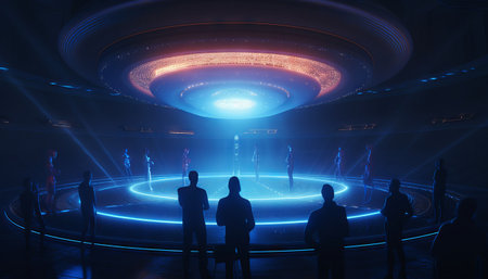 image of an illuminated UFO spaceship surrounded by a group of humans, as a blue light portal glows beneath itの素材