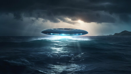 image of an illuminated UFO spaceship hovering over a stormy oceanの素材