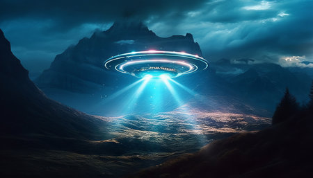 image of an illuminated UFO spaceship hovering over a mountainous landscapeの素材