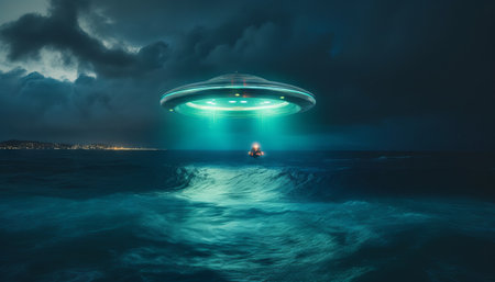 image of an illuminated UFO spaceship hovering over a stormy oceanの素材