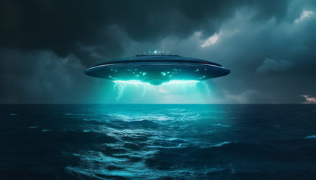 image of an illuminated UFO spaceship hovering over a stormy oceanの素材