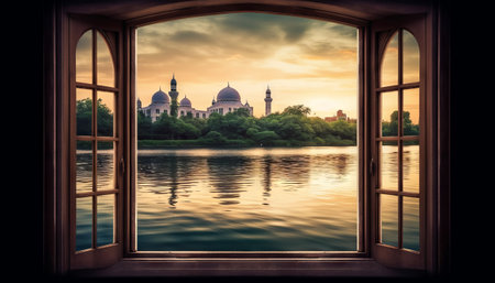 image of a window with a view of a peaceful lake or river, with a mosque on its banks to celebrate Eid al-Fitrの素材