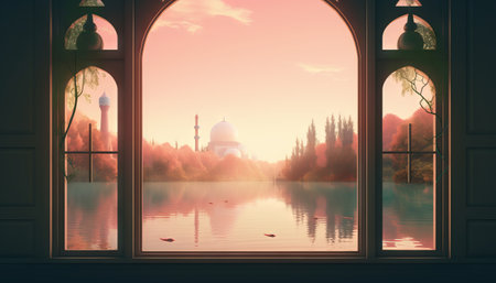 image of a window with a view of a peaceful lake or river, with a mosque on its banks to celebrate Eid al-Fitrの素材