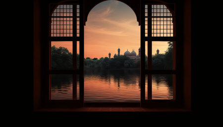 image of a window with a view of a peaceful lake or river, with a mosque on its banks to celebrate Eid al-Fitrの素材
