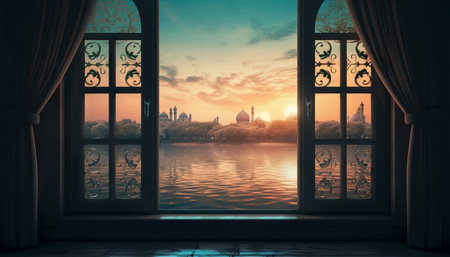 image of a window with a view of a peaceful lake or river, with a mosque on its banks to celebrate Eid al-Fitrの素材