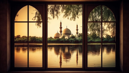 image of a window with a view of a peaceful lake or river, with a mosque on its banks to celebrate Eid al-Fitrの素材