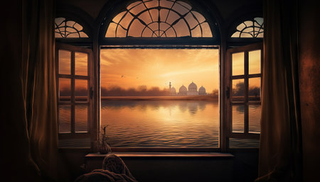 image of a window with a view of a peaceful lake or river, with a mosque on its banks to celebrate Eid al-Fitrの素材