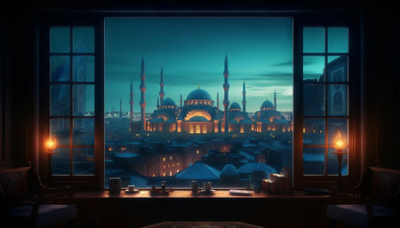 image of a window with a view of a city skyline, with a mosque lit up in the distance to celebrate Eid al-Fitrの素材