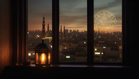 image of a window with a view of a city skyline, with a mosque lit up in the distance to celebrate Eid al-Fitrの素材