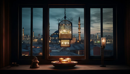 image of a window with a view of a city skyline, with a mosque lit up in the distance to celebrate Eid al-Fitrの素材