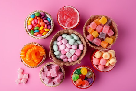 A top view different candies colorful inside little baskets on pink, sweet sugar color confitureの素材