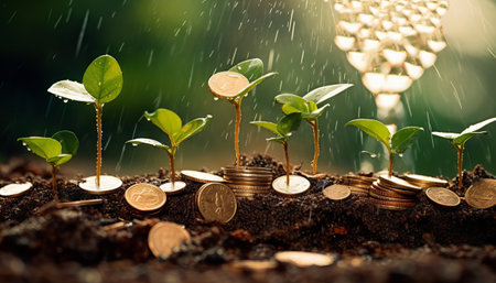 Coins and plants are grown on a pile of coins for finance and bankingの素材