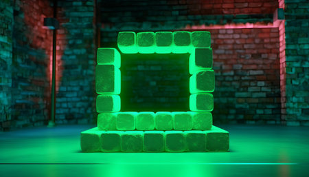3d render, abstract neon green background with glowing square frame and cobblestone rocks ruins.の素材