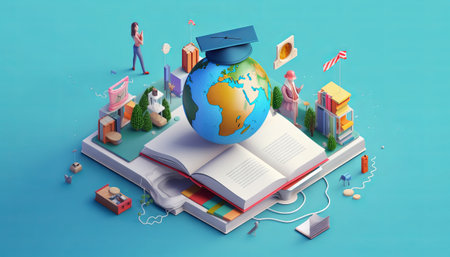 Education concept. 3d of hat, book on blue background.の素材