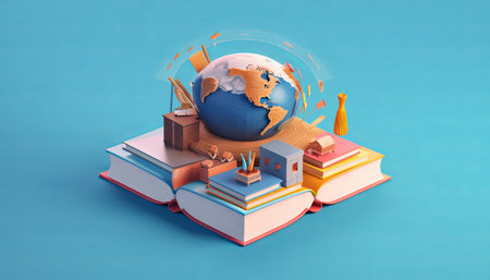 Education concept. 3d of hat, book on blue background.の素材