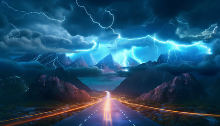abstract landscape background with stormy clouds, vivid lightning, and imposing rocky mountainsの素材