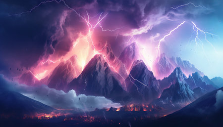 abstract landscape background with stormy clouds, vivid lightning, and imposing rocky mountainsの素材