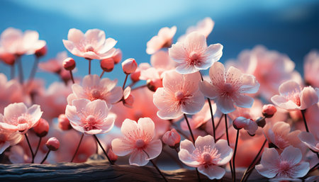 Gently pink flowers of anemones outdoors in summer spring close up on turquoise background with soft selective focus. Delicate dreamy image of beauty of natureの素材