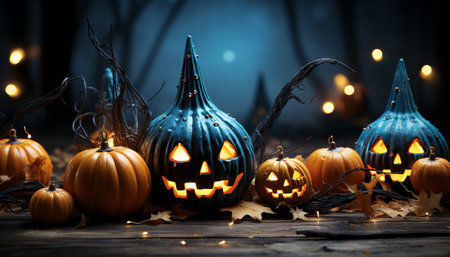 Halloween Pumpkins On Wood In A Spooky Forest At Nightの素材