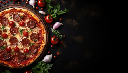 pizza sausage, tomato sauce, cheese Menu concept, food background, diet. top view. copy space for textの素材